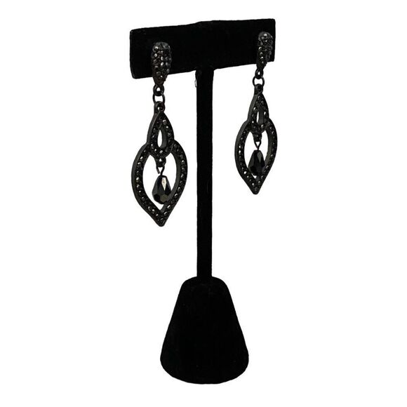 Jet Black Micro Crystal Teardrop Shaped Dangle Statement Earrings Women’s OS - Picture 3 of 3